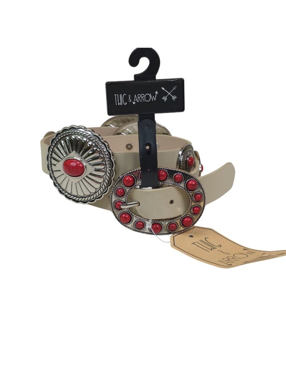 Twig & Arrow Red & Silver Concho Belt M/L Faux Leather Beige 41.5" Long